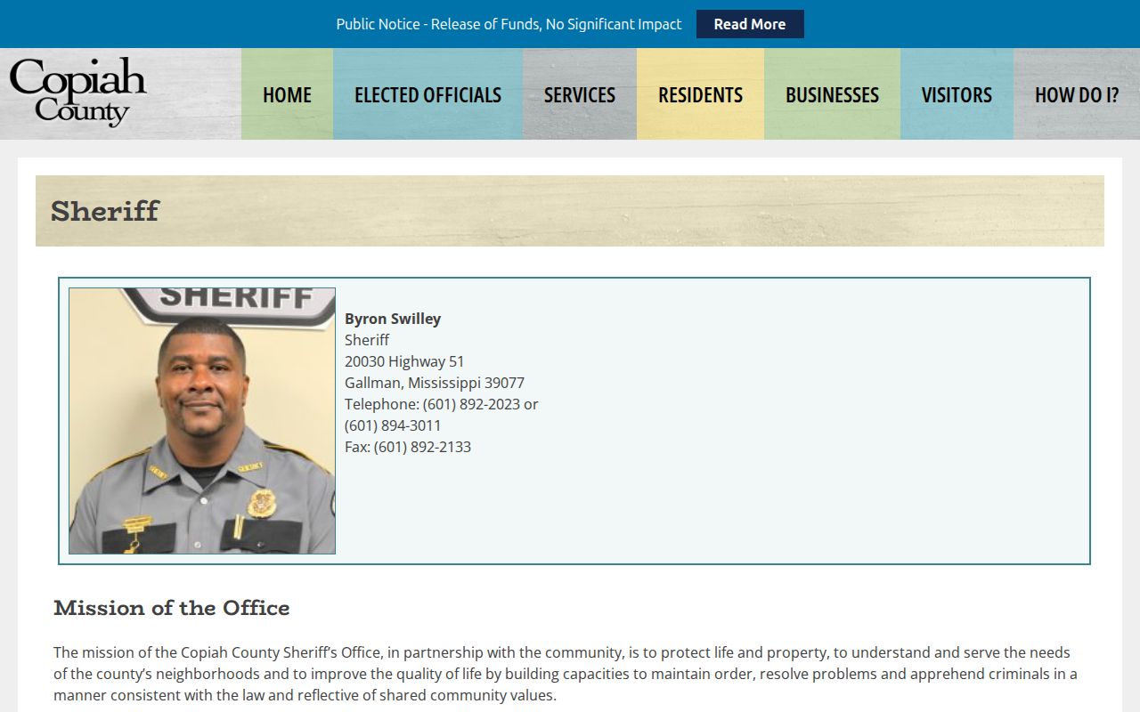 Copiah County Sheriff&rsquo;s Office contact page for warrant verification