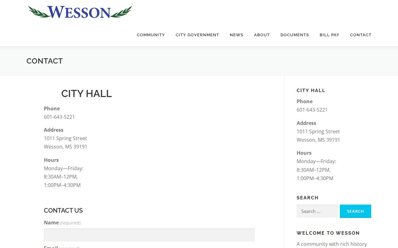 Wesson official town contact page for Copiah County arrest-record routing